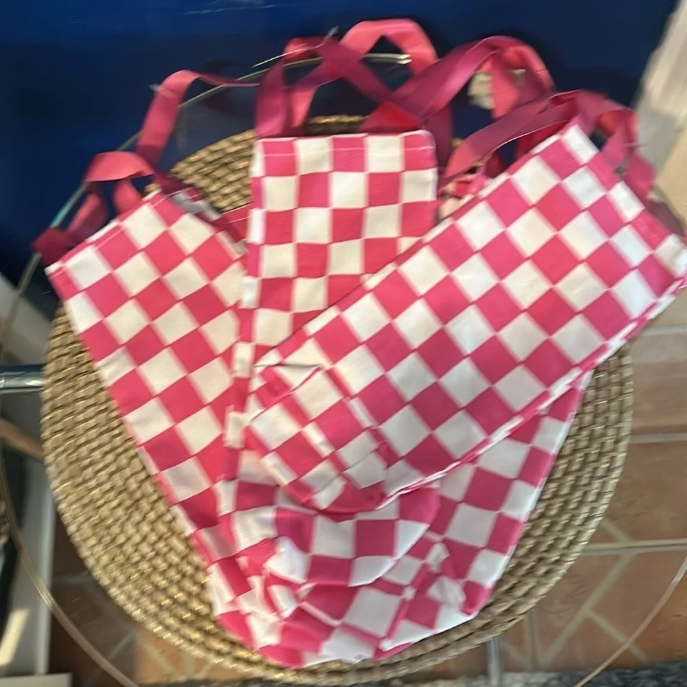 NWT Set of 10 Canvas Pink & White Checkered Party Favor Gift Bags - Wine Bags